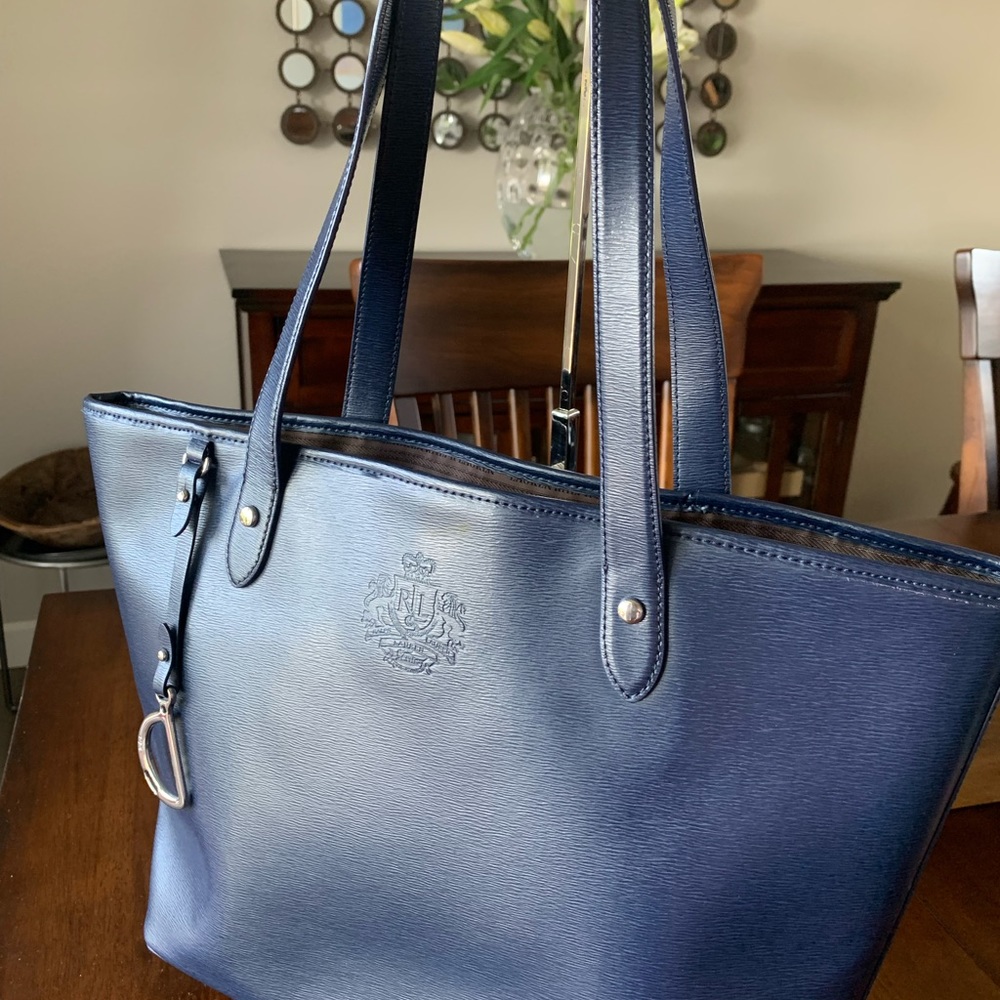 Ralph Lauren Navy Blue Leather Tote.